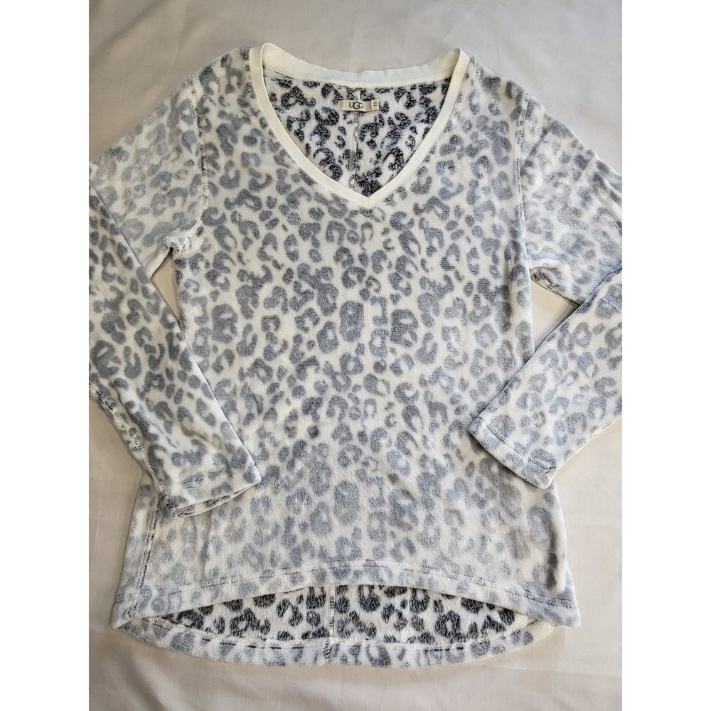 UGG Womens Leopard Print Fleece V-Neck Lounge Top Grey White Size M